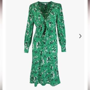 VERONICA BEARD Amber Green Silk Floral Midi Dress Long Sleeve V-Neck Size M